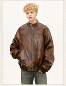Retro Street Maillard PU Leather Color Rivet Coat