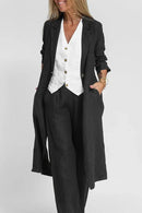 Long-sleeve Buttoned Cotton-linen Trench Coat With A Suit Collar