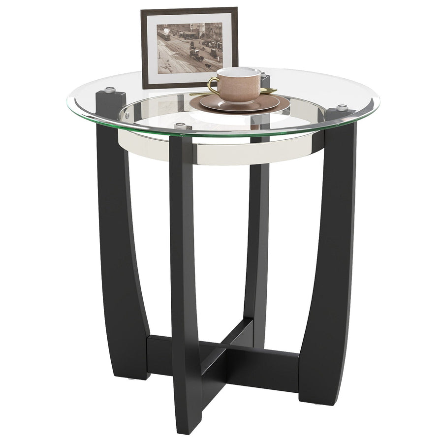 24 Inches Round Side Table with Tempered Glass Top and Solid Rubber Wood Base