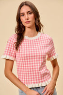SO ME Gingham Knit Ruffled Short Sleeves Sweater Top
