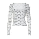 Polka-dot Square-neckline Waist-defined Long-sleeve Top For Women