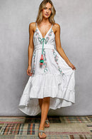POL Embroidered Detail Tassel Tie Smocked Waist Midi Tiered Cami Dress