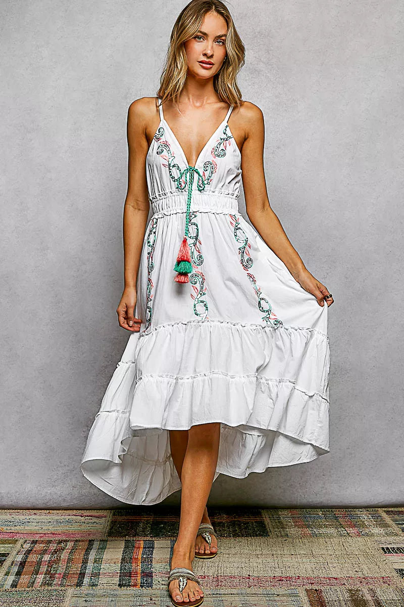 POL Embroidered Detail Tassel Tie Smocked Waist Midi Tiered Cami Dress –  Ralphie's Funhouse