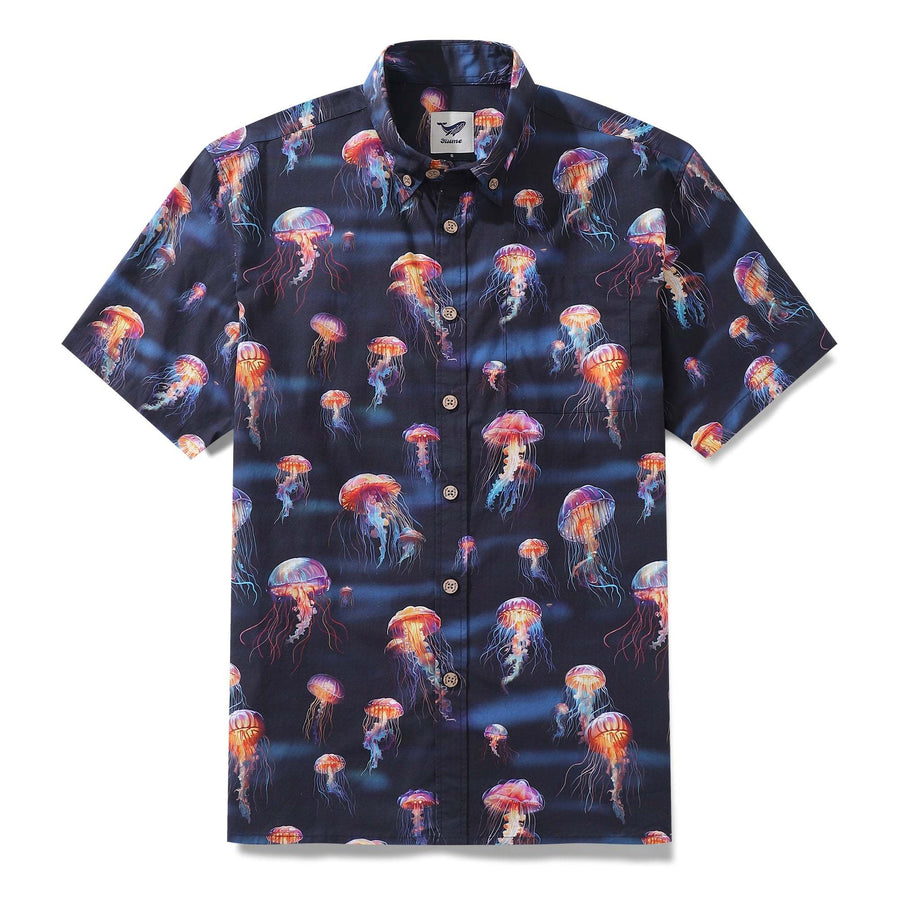 Men's Ocean Hawaiian Short Sleeve Cotton Resort Wear Shirt Jellyfish Print Luminescent Dreams By Amy