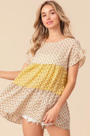 BiBi Flroal Printed Woven Color Block and Tiered Top