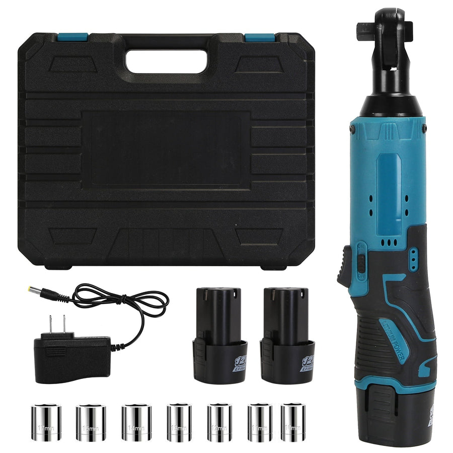 3/8Ó Cordless Electric Ratchet Wrench Set Right Angle Wrench with 2Pcs 1200mAh Batteries and Charger 7 Sockets 400RPM