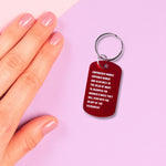 Empowered Women Empower Women And Also Meet in the Dead of Night Feminist Dog Tag Keychain in Red with Silver Lettering