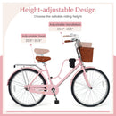 26-Inch Beach Cruiser Bike with Basket and Cup Holder - Pink