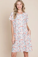 BOMBOM Printed Round Neck Short Sleeve Tee Dress