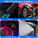 4 In 1 Cordless Car Vacuum Cleaner and Tire Inflator with LED Light Digital Display Tire Pressure Gauge 150PSI Rechargeable Air Compressor Pump Essent