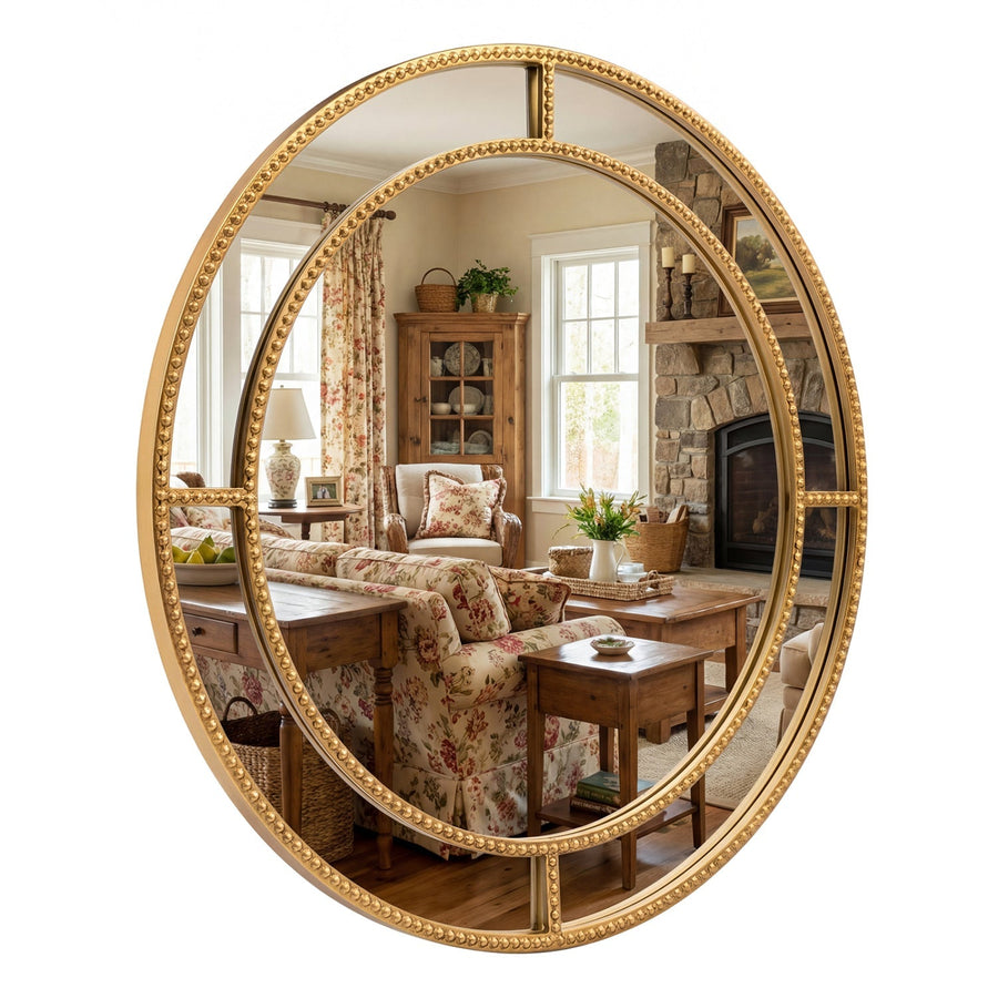 28 Inch Gold Round Wall Mirror with Beaded Frame for Living Room Entryway-Golden