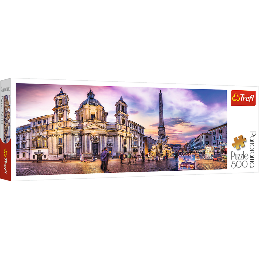 Panorama 500 Piece Jigsaw Puzzle, Piazza Navona, Rome, Italy, Fountain of the Four Rivers, European Cities Puzzle, Adult Puzzles, Trefl 29501