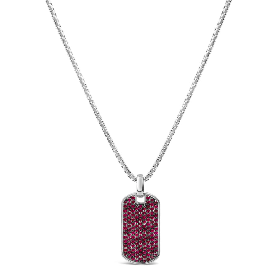 Men's .925 Sterling Silver Created Red Ruby Dog Tag Pendant Necklace - 22
