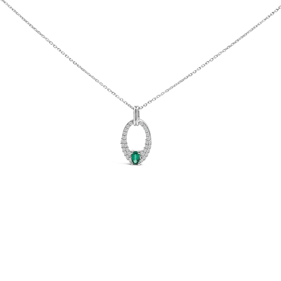 .925 Sterling Silver Created Green Emerald and White Sapphire Oval Shaped Pendant Necklace - 18
