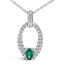 .925 Sterling Silver Created Green Emerald and White Sapphire Oval Shaped Pendant Necklace - 18" Inches