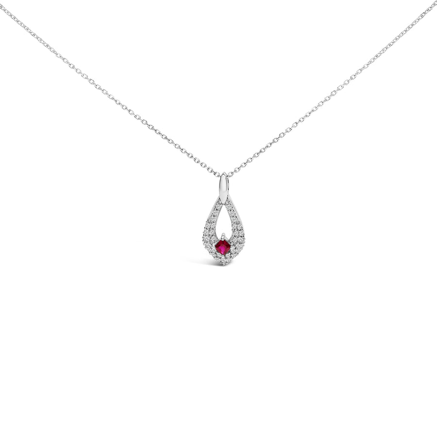 .925 Sterling Silver Created Red Ruby and White Sapphire Pear Shaped Pendant Necklace - 18