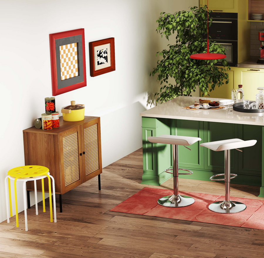 5-Piece Kitchen & Dining Bundle: Adjustable Bar Stools (Set of 2) + Stackable Stools (Set of 6) + Rattan Storage Sideboard