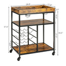 3-Tier Wood Rolling Kitchen Serving Cart with 9 Wine Bottles Rack Metal Frame-Rustic Brown
