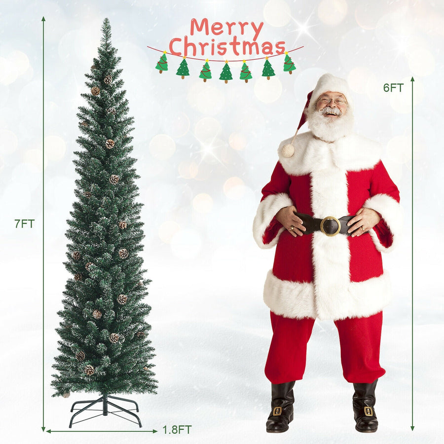 Snowy Artificial Pencil Christmas Tree with Pine Cones