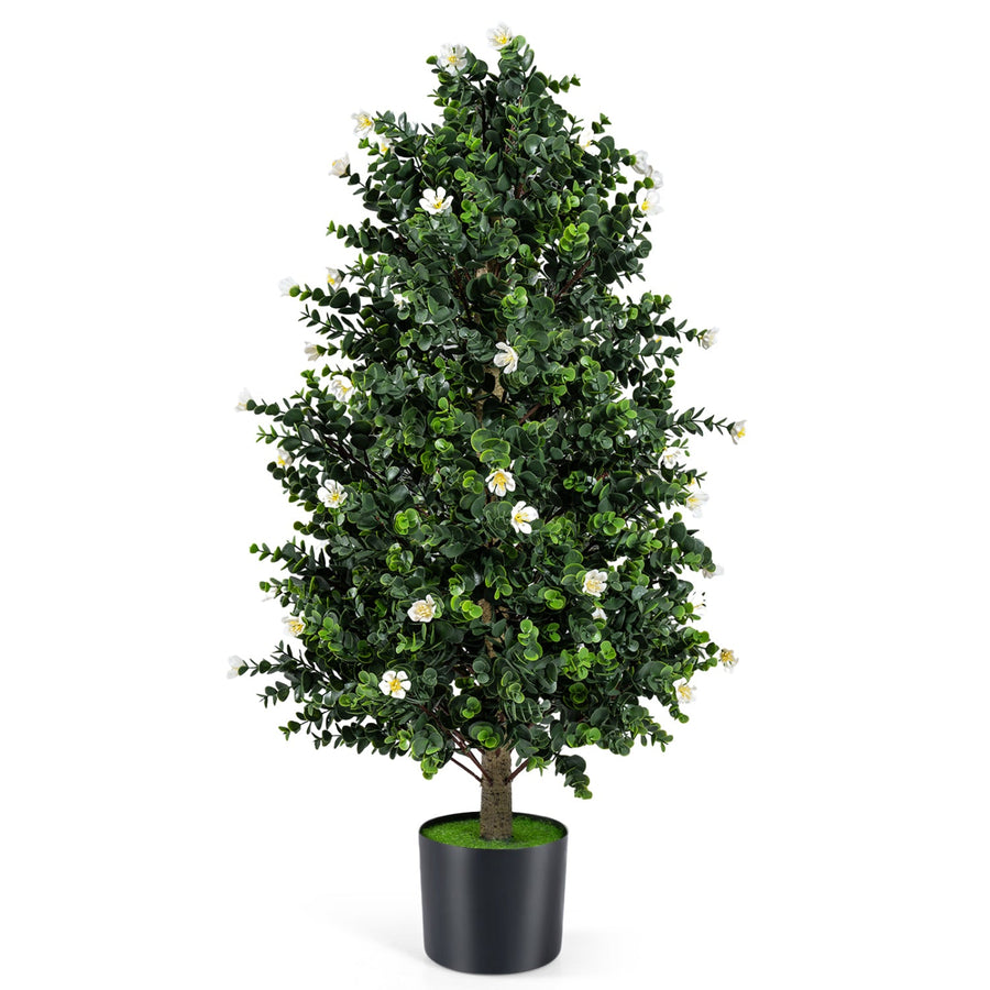 2 Pack Artificial Topiary Cone Tree Faux Potted Shrub Plant with 49 Flowers