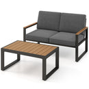 2 Piece Patio Aluminum Furniture Set with Wood-Plastic Armrests and Tabletop-Gray