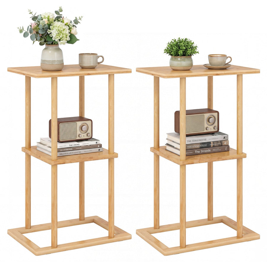 2 Pieces Side Table with Storage Shelves and Bamboo Construction-Natural