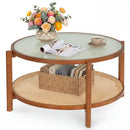 2-Tier Rattan Coffee Table with Frosted Glass Top
