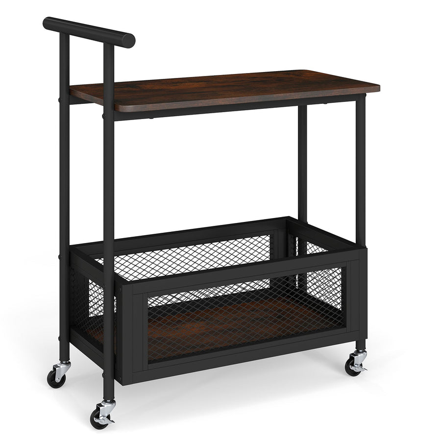 2-Tier Rolling End Table with Handle and Mesh Basket-Rustic Brown