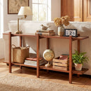 2-Tier Wood Bookshelf Low Horizontal Rubberwood Bookcase for Display-Walnut