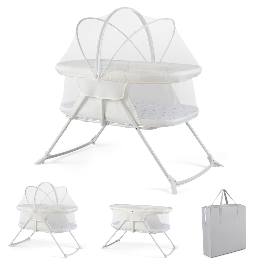 2 in 1 Baby Bassinet with Rocking Motion Foldable Bedside Sleeper with Breathable Mesh