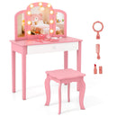 2-in-1 Kids Vanity Table Set with Tri-Folding Detachable Mirror and Lights