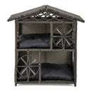 2-storey Wicker Cat House Rattan Kitten Condo Enclosure with Removable Cushions-Gray