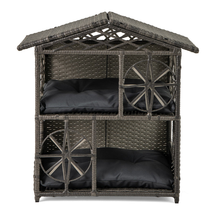 2-storey Wicker Cat House Rattan Kitten Condo Enclosure with Removable Cushions-Gray