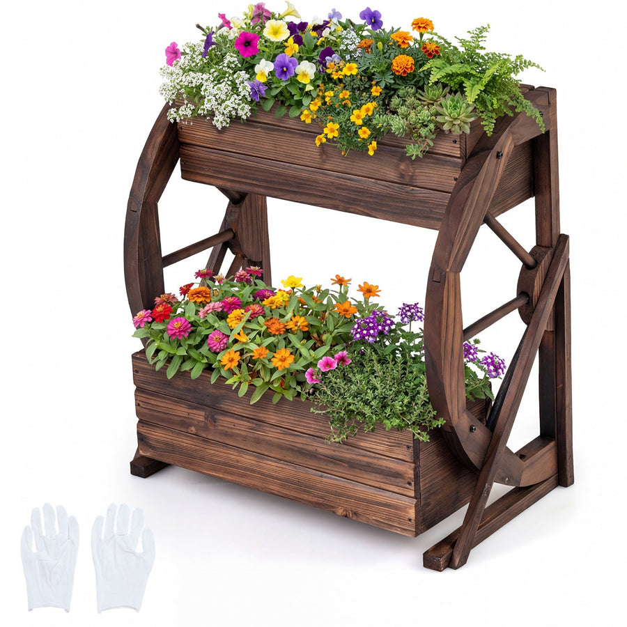 2-tier Raised Garden Bed Rustic Wood Wagon Planter with Drainage Holes and Semi-wheels-Coffee