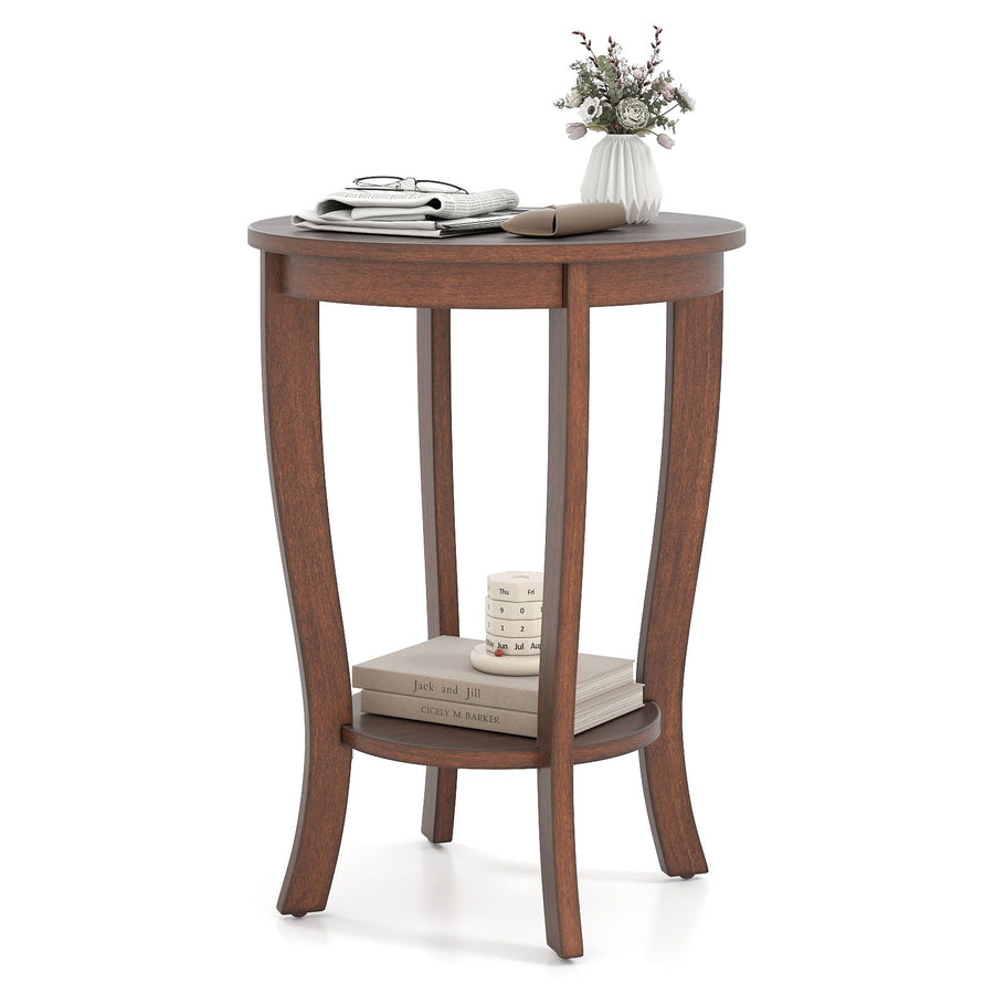 2-tier Round End Table with Solid Wood Legs
