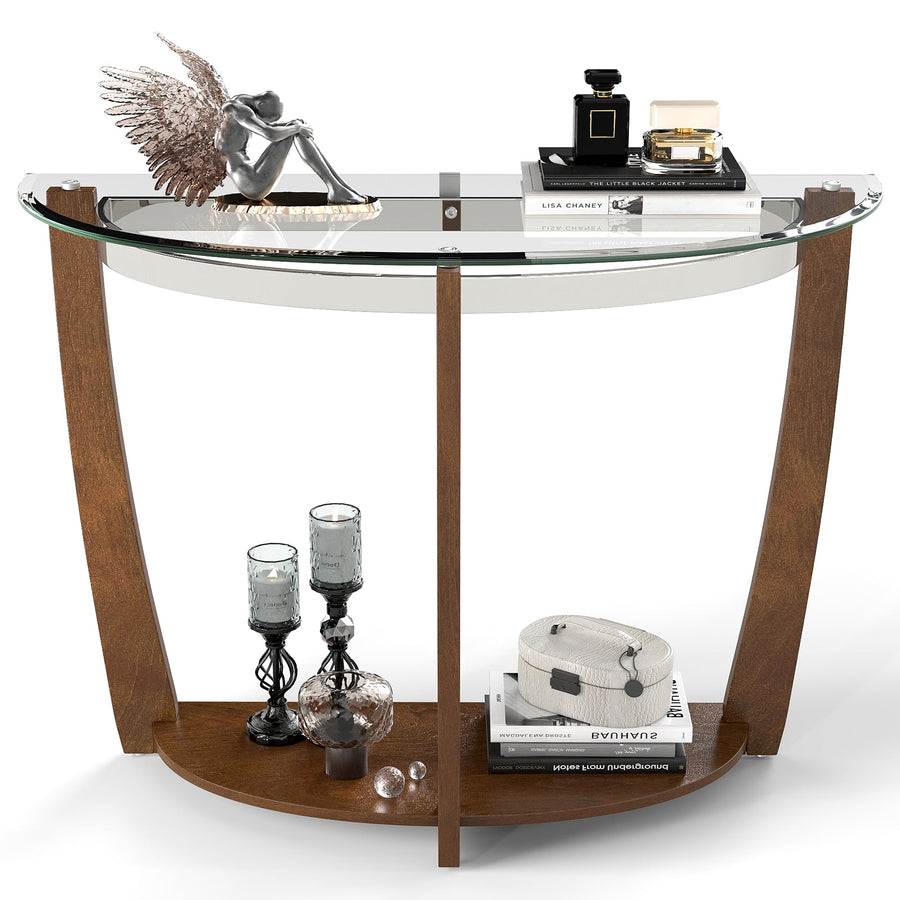 2-tier Tempered Glass Console Table with Clear Glass Top and Open Shelf
