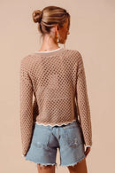SO ME Open Knit Light Weight Sweater Cardigan With Contrast Wavy Scallop Edge