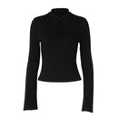 Womens French-style Hollow-out Solid-color Long-sleeve Top