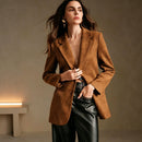 Double-breasted Suede Velvet Blazer With Flap Pockets And Long Sleeves