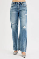 RISEN Full Size Mid Rise Fit Wide Baggy Leg Tie Washed Jeans Plus Size