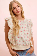 BiBi Flower Printed Ruffle Sleeve Trim Detail Top