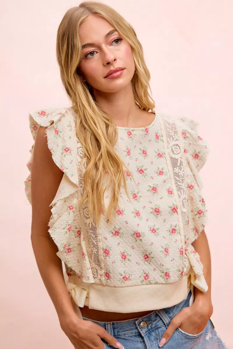 BiBi Flower Printed Ruffle Sleeve Trim Detail Top