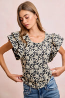 BiBi Floral Jacquard Ruffle Sleeves Knit Top