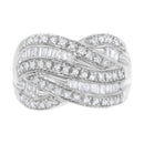.925 Sterling Silver 1.0 Cttw Channel Set Alternating Round and Baguette Diamond Cross-over Bypass Ring Band (I-J Color, I2-I3 Clarity) - Size 7