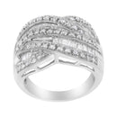 .925 Sterling Silver 1.0 Cttw Channel Set Alternating Round and Baguette Diamond Cross-over Bypass Ring Band (I-J Color, I2-I3 Clarity) - Size 7