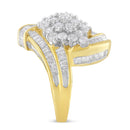 10K Yellow Gold Round and Baguette Diamond Crossover Cluster Ring (3 Cttw, I-J Color, I1-I2 Clarity) - Size 7-1/2