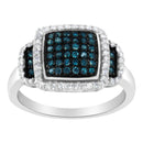 Black Rhodium Plated .925 Sterling Silver 1/2 Cttw White & Blue Diamond Square Halo Cocktail Ring (Fancy Blue & H-I Color, I2-I3 Clarity) - SIze 6