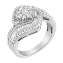 14K White Gold 1 Cttw Baguette and Round Diamond Floral Swirl Cluster Cocktail Ring