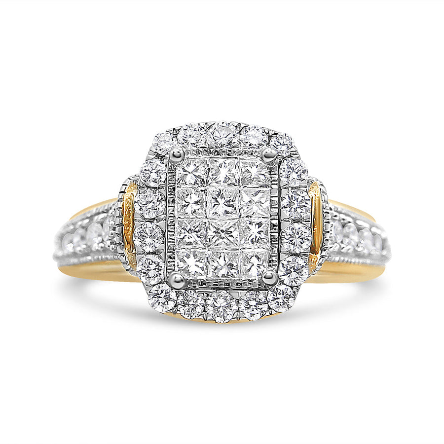 14K Yellow and White Gold 1.00 Cttw Princess and Round Cut Emerald Shaped Halo Diamond Cluster Ring (SI1-SI2 Clarity, H-I Color) - Size 7