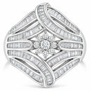 .925 Sterling Silver 1-1/8 Cttw Round & Baguette Diamond 'Flower & Fern' Cluster Cocktail Fashion Ring (I-J Color, I2-I3 Clarity) - Size 6